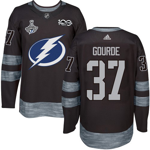 Men Adidas Tampa Bay Lightning #37 Yanni Gourde Black 1917-2017 100th Anniversary 2020 Stanley Cup Champions Stitched NHL Jersey->tampa bay lightning->NHL Jersey